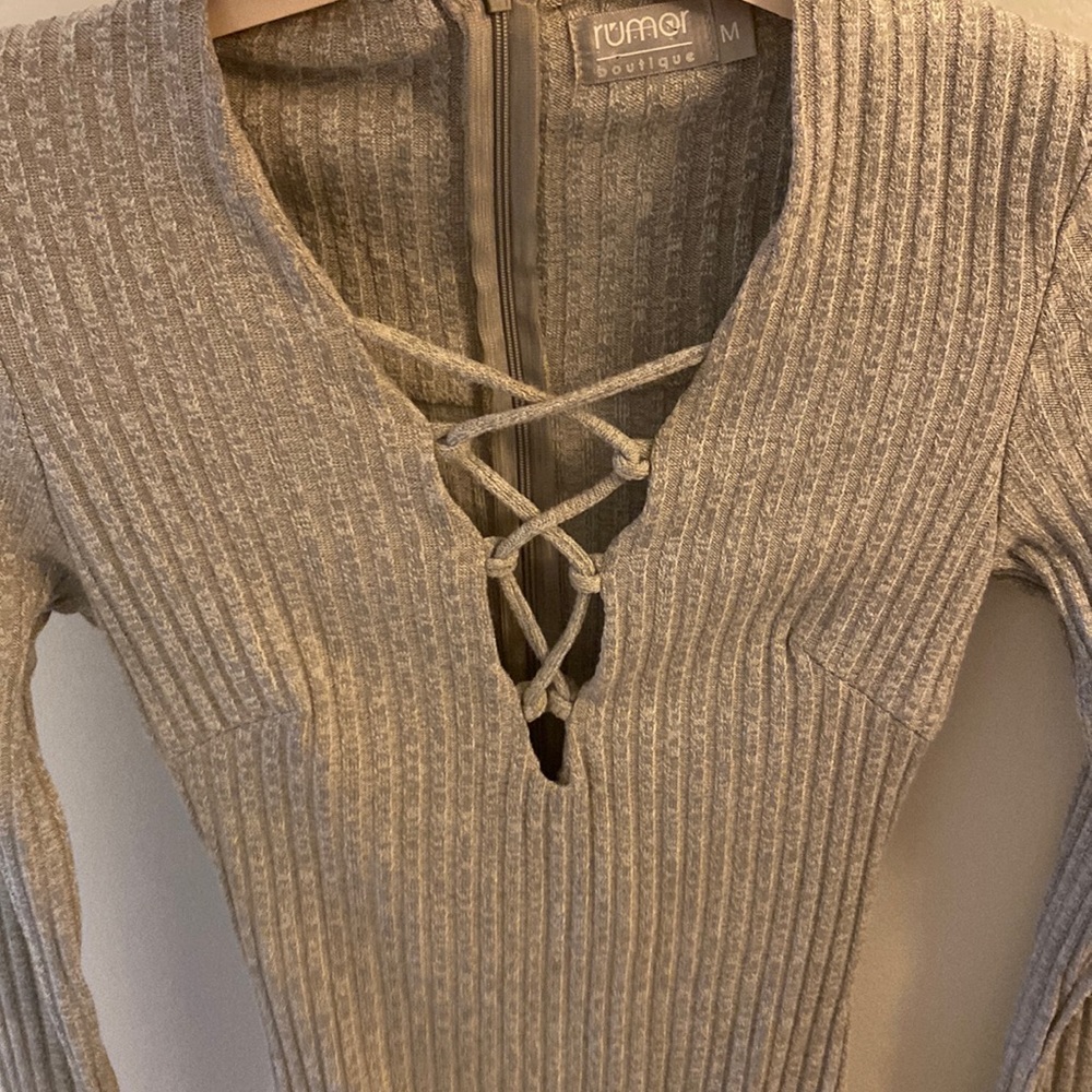 Gray lace up ribbed gray bodysuit - Rumor Boutique never worn